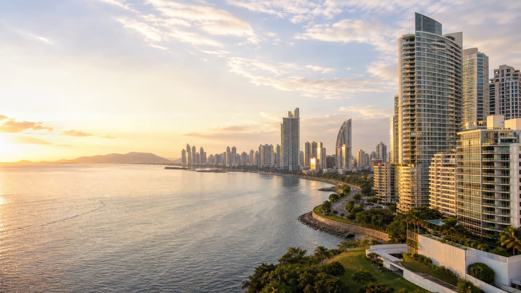 Panama City skyline at golden hour